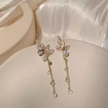 1 пара женских ажурных длинных сережек-кисточек в виде бабочек для женщин, серьги с трехмерным жемчугом в виде феи, ювелирные изделия для свадебной вечеринки