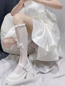 1 пара женских белых сетчатых носков-труб, модные универсальные летние белые плиссированные длинные носки-трубы в стиле Лолиты One Size
