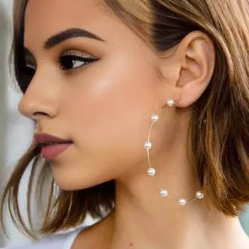 1 пара женских больших серег-колец с искусственным жемчугом, круглые, преувеличенные золотистый