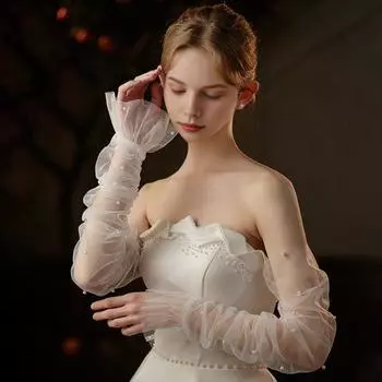 1 пара женских чехлов для выпускного вечера, прозрачные кружевные чехлы с искусственным жемчугом, тонкие оборки, плиссированные, без пальцев, в литературном стиле, для выступлений, для невесты, для свадебных фотосессий белый