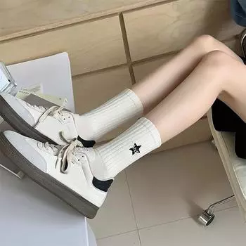 1 пара женских черно-белых полосатых носков в минималистском стиле с вышитой пентаграммой, женские спортивные носки, хлопковые носки