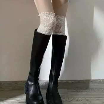 1 пара женских длинных носков, кружевные ультратонкие прозрачные ажурные носки в стиле Лолиты, однотонные носки средней длины в японском студенческом стиле для косплея белый