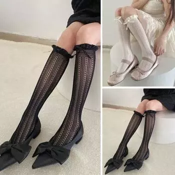1 пара женских длинных носков в стиле Лолита, ультратонкие прозрачные ажурные кружевные юбки в тон, однотонные носки средней длины в японском студенческом стиле белый