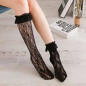 1 пара женских кружевных носков до колена, белые и черные носки с рисунком в виде сердца и цветка Лолиты, тонкие милые студенческие длинные носки Kawaii One Size