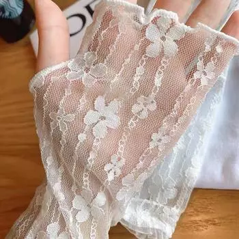 1 пара женских кружевных варежек без пальцев с защитой от ультрафиолета и тонкими сетчатыми дышащими рукавами для летних поездок на велосипеде розовый