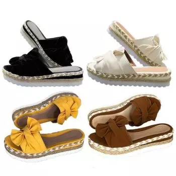 1 пара женских летних тапочек на толстой подошве, противоскользящие, износостойкие, с бантом, декор контрастного цвета, большие размеры, плетеные пляжные сандалии для отдыха на низкой танкетке 37 светло-коричневого
