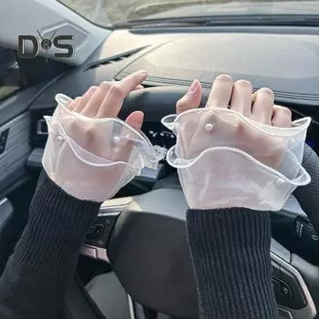 1 пара женских манжет на запястье, прозрачные кружевные эластичные искусственные жемчужные украшения, противоскользящие оборки, украшение на запястье, однотонные поддельные манжеты принцессы, реквизит для фотосъемки чёрный