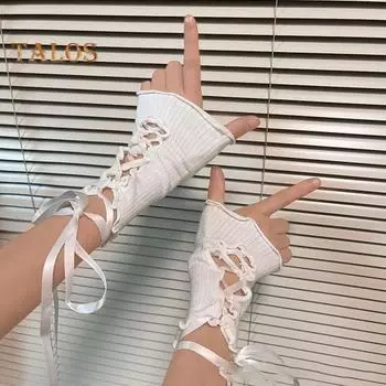 1 пара женских нарукавников в стиле JK Lolita, ажурные, со шнуровкой, без пальцев, для выступлений невесты, свадебных фотосессий, реквизит, наручники белый