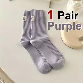 1 пара женских носков из хлопка с тканевой этикеткой до середины голени в японском корейском уличном стиле, впитывающие пот, дышащие, удобные, повседневные носки One Size