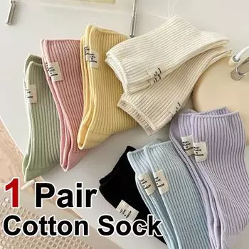 1 пара женских носков из хлопка с тканевой этикеткой до середины голени в японском корейском уличном стиле, впитывающие пот, дышащие, удобные, повседневные носки One Size
