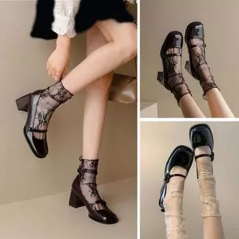 1 пара женских носков, кружевные, прозрачные, ультратонкие, средней длины, с вырезами в стиле ретро, с цветочной вышивкой, мягкие дышащие, эластичные носки в стиле Лолиты, носки до середины икры чёрный