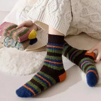 1 пара женских носков осень-зима средней длины, противоскользящие, контрастного цвета, толстые, в полоску, высокоэластичные, впитывающие пот, повседневные носки для взрослых, спортивные носки кофейный