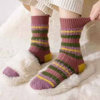 1 пара женских носков осень-зима средней длины, противоскользящие, контрастного цвета, толстые, в полоску, высокоэластичные, впитывающие пот, повседневные носки для взрослых, спортивные носки розовый