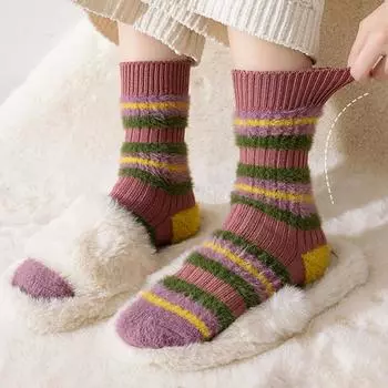 1 пара женских носков осень-зима средней длины, противоскользящие, контрастного цвета, толстые, в полоску, высокоэластичные, впитывающие пот, повседневные носки для взрослых хаки