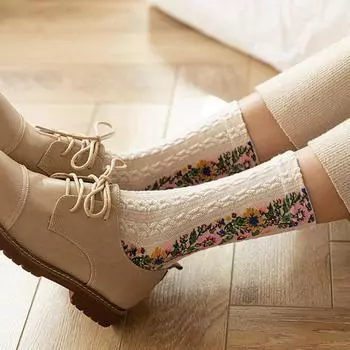 1 пара женских носков, повседневные винтажные носки в этническом стиле с цветочным узором, хлопковые носки, носки-трубочки, размеры 35-44 см