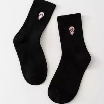 1 пара женских носков с милой улыбкой, хлопковые забавные носки с вышивкой, черные, розовые женские носки Y2k, аниме One Size
