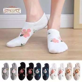 1 пара женских носков с низким вырезом и цветочным принтом, неглубокий рот, без запаха, впитывает пот, тонкие невидимые носки-лодочки, эластичные противоусадочные женские носки чёрный