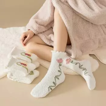 1 пара женских носков с принтом тюльпана, плотный коралловый флис средней длины, мягкие теплые пот-поглощающие, без запаха, противоскользящие эластичные повседневные носки-тахо розовый