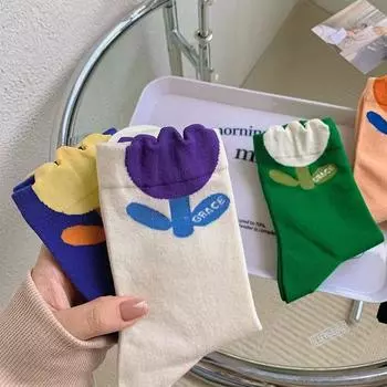 1 пара женских носков с рисунком цветов ярких цветов Harajuku, дышащий дизайн, удобные носки в корейском стиле, японский стиль бежевый