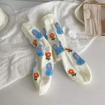 1 пара женских носков с рисунком граффити, милые хлопковые носки с цветами и котами для девочек as the picture