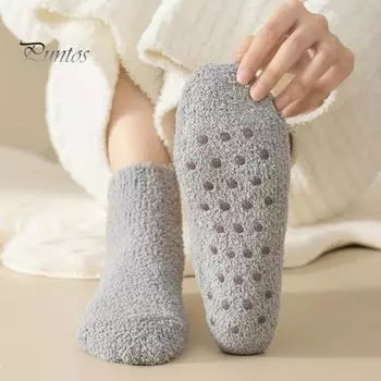 1 пара женских носков средней длины без запаха, утолщенные, коралловые, теплые, однотонные, с силиконовой подошвой, с высокой эластичностью, нескользящие, впитывающие пот, не садятся чёрный