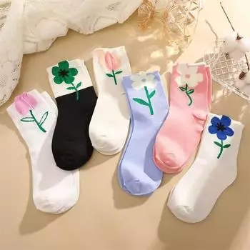 1 пара женских носков средней длины, чулки с розовым цветком, трехмерные цветочные носки, ворс, милые EU:36-40 белый