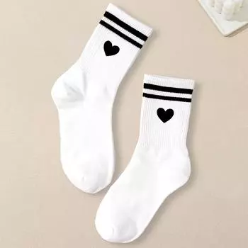 1 пара женских носков средней длины с двойными полосками в форме сердца, универсальные, модные короткие носки, мягкие, легкие, дышащие носки One Size