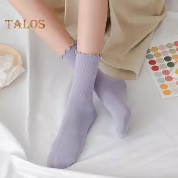 1 пара женских носков средней длины с присборенными краями в японском стиле, однотонные, высокая эластичность, противоскользящие, тонкие, мягкие, дышащие, впитывают пот, не садятся розовый
