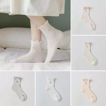 1 пара женских носков средней длины с присборенными краями и цветочным принтом, без запаха, высокая эластичность, противоскользящие розовый