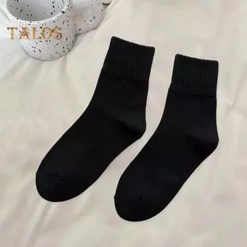 1 пара женских носков средней длины в японском стиле, однотонные, высокоэластичные, противоскользящие, утолщенные, мягкие, теплые, впитывающие пот, противоусадочные спортивные носки чёрный