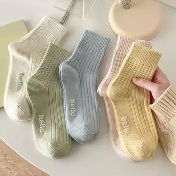 1 пара женских носков средней длины в японском стиле, однотонные, высокоэластичные, с буквенным декором, противоскользящие, утолщенные белый