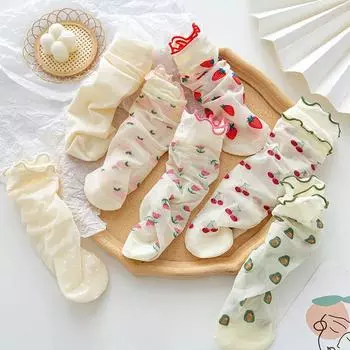 1 пара женских носков, тонкие чулки средней длины, дышащие длинные носки в японском стиле, милые кружевные носки с фруктовым узором