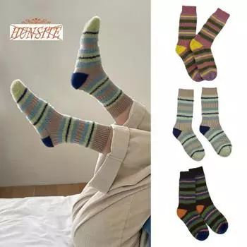 1 пара женских осенне-зимних носков, контрастного цвета средней длины, толстые теплые эластичные противоскользящие без запаха, полосатые женские носки до середины икры, впитывающие пот розовый