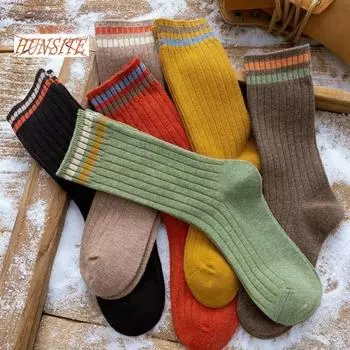 1 пара женских осенне-зимних носков, однотонные, средней длины, толстые, теплые, без запаха, эластичные, противоскользящие, полосатые женские носки до середины икры, впитывающие пот синий