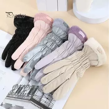 1 пара женских осенне-зимних перчаток, толстые плюшевые водонепроницаемые ветрозащитные перчатки с пятью пальцами, декорированные бантом, толстые нескользящие теплые перчатки для езды на велосипеде чёрный