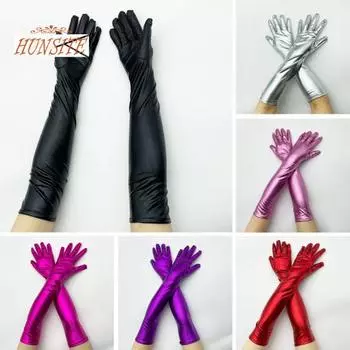 1 пара женских перчаток из гладкой искусственной кожи, однотонные, с длинными пальцами, эластичные до локтя, для ночного клуба, косплей, реквизит для танцев на пилоне серебряный