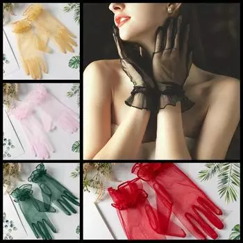 1 пара женских перчаток, кружевные перчатки с длинными пальцами, короткие тюлевые перчатки, этикетные перчатки, эластичные прозрачные перчатки с листьями лотоса, черные варежки, свадебные принадлежности чёрный