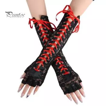 1 пара женских перчаток на Хэллоуин на шнуровке, ажурные кружевные перчатки на половину пальца с тонкой цветочной вышивкой для вечеринок, косплей, перчатки для ролевых игр фиолетовый