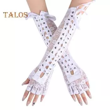 1 пара женских перчаток на Хэллоуин на шнуровке, ажурные кружевные перчатки на половину пальца с тонкой цветочной вышивкой для вечеринок, косплей, перчатки для ролевых игр красный