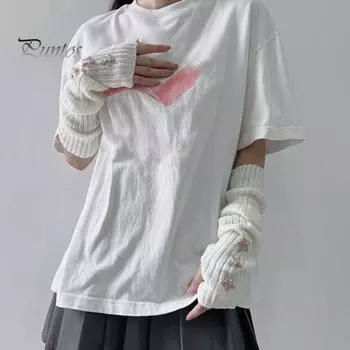 1 пара женских перчаток в стиле Лолиты без пальцев, вязаные со звездами, в стиле пэчворк, классные женские уличные перчатки для вечеринок в стиле JK, теплые толстые зимние нарукавники белый