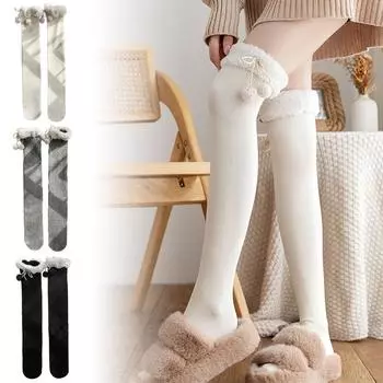 1 пара женских плюшевых чулок, толстые шерстяные носки с шариками, осень-зима, плюшевые чулки в вертикальную полоску в стиле Лолиты и кавайи белый