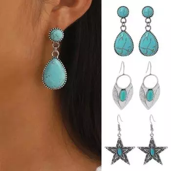 1 пара женских подвесок со звездой в форме капли воды в стиле ретро в этническом стиле из искусственного бирюзового сплава с гальваническим покрытием для выпускного вечера A