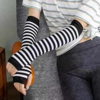 1 пара женских полосатых перчаток без пальцев, вязаные варежки до локтя для зимы, мягкие, эластичные синий/розы красного