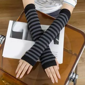 1 пара женских полосатых перчаток без пальцев, вязаные варежки до локтя для зимы, мягкие эластичные утеплители для рук, рождественский подарок