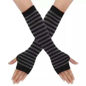 1 пара женских полосатых перчаток без пальцев, вязаные варежки до локтя для зимы, мягкие эластичные теплые рукавицы