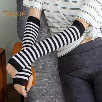 1 пара женских полосатых перчаток без пальцев, вязаные варежки до локтя для зимы, мягкие эластичные утеплители для рук, рождественский подарок