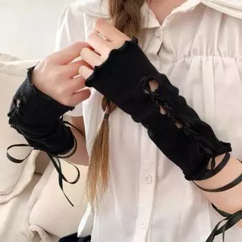 1 пара женских рукавов JK Lolita Style Hollow Out Lace-up Shirring Edge Fingerless белый