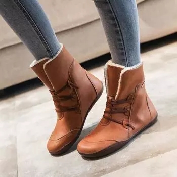 1 пара женских сапог из искусственной кожи, утолщенные короткие ботинки с резиновой подошвой и плюшевой подкладкой 40 коричневый