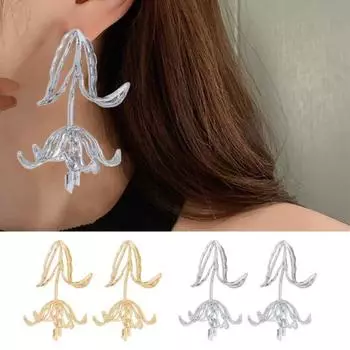 1 пара женских серег 3D цветок в форме тюльпана полые из нержавеющей сплава украшения для ушей ювелирные изделия длинные висячие серьги для выпускного вечера висячие серьги белый