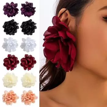 1 пара женских серег, большие 3D-тканевые розы, преувеличенный стиль, отпуск, пляж, фото белый